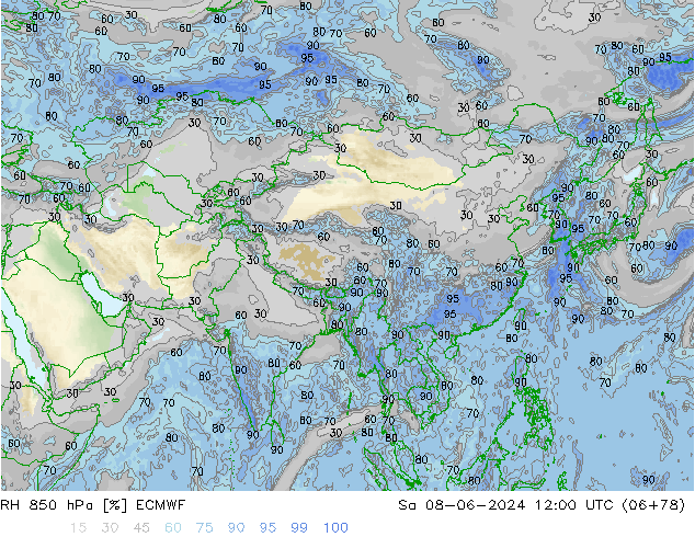 Humedad rel. 850hPa ECMWF sáb 08.06.2024 12 UTC