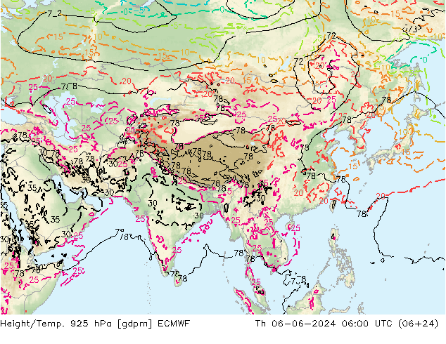 Height/Temp. 925 hPa ECMWF Čt 06.06.2024 06 UTC