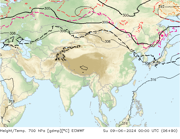 Geop./Temp. 700 hPa ECMWF dom 09.06.2024 00 UTC