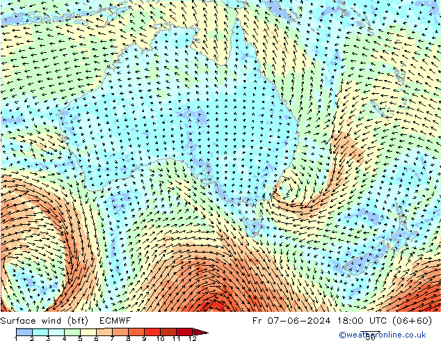 ве�Bе�@ 10 m (bft) ECMWF пт 07.06.2024 18 UTC