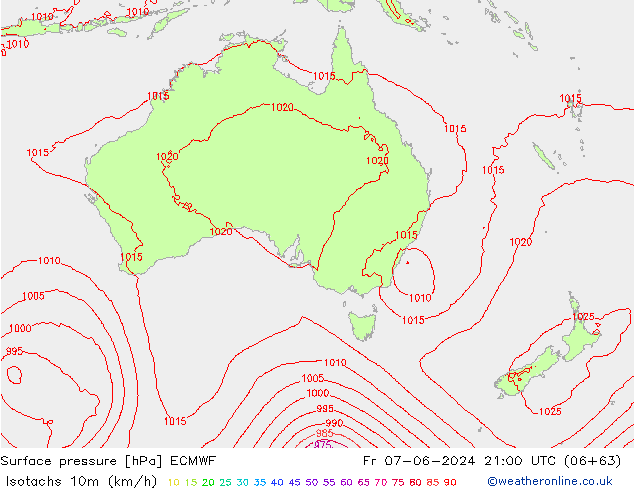 Isotachs (kph) ECMWF Fr 07.06.2024 21 UTC