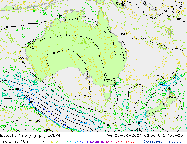 Isotachen (mph) ECMWF wo 05.06.2024 06 UTC