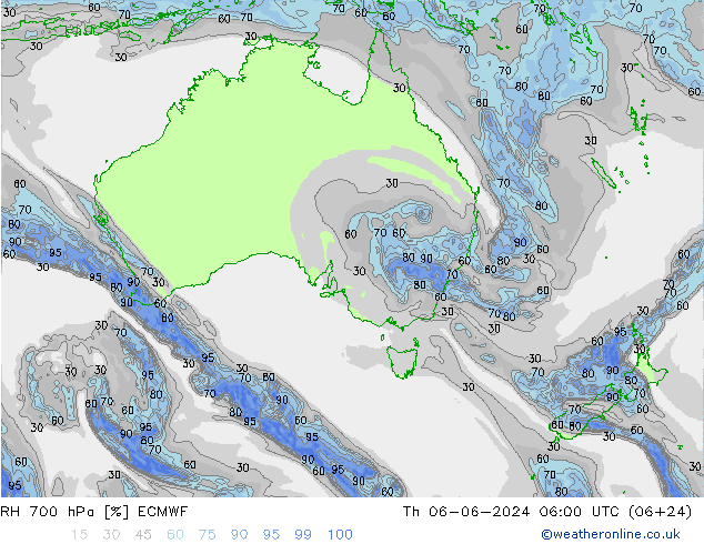 RH 700 hPa ECMWF czw. 06.06.2024 06 UTC