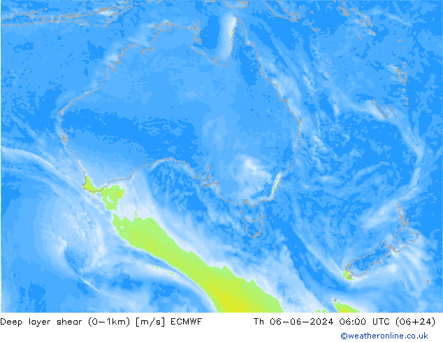 Deep layer shear (0-1km) ECMWF чт 06.06.2024 06 UTC