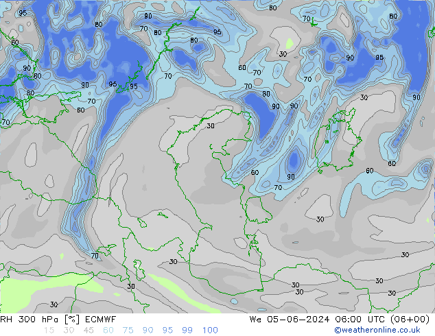 Humidité rel. 300 hPa ECMWF mer 05.06.2024 06 UTC