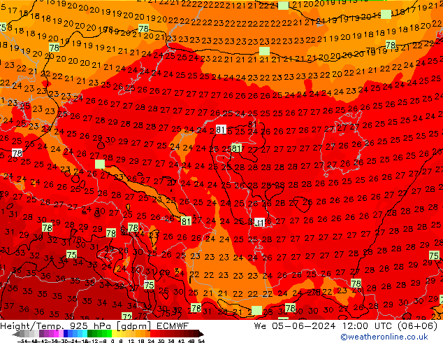 Height/Temp. 925 hPa ECMWF We 05.06.2024 12 UTC