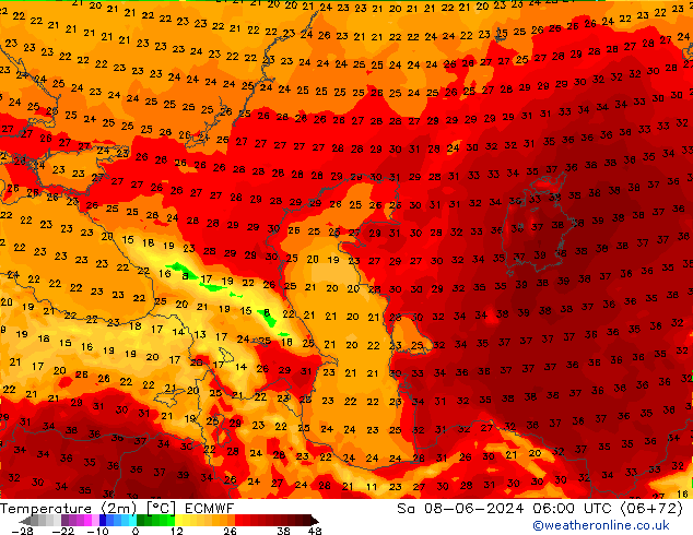 Temperature (2m) ECMWF Sa 08.06.2024 06 UTC