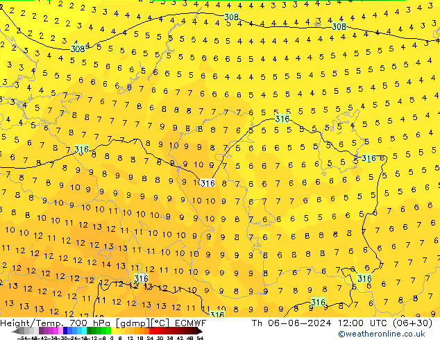 Geop./Temp. 700 hPa ECMWF jue 06.06.2024 12 UTC