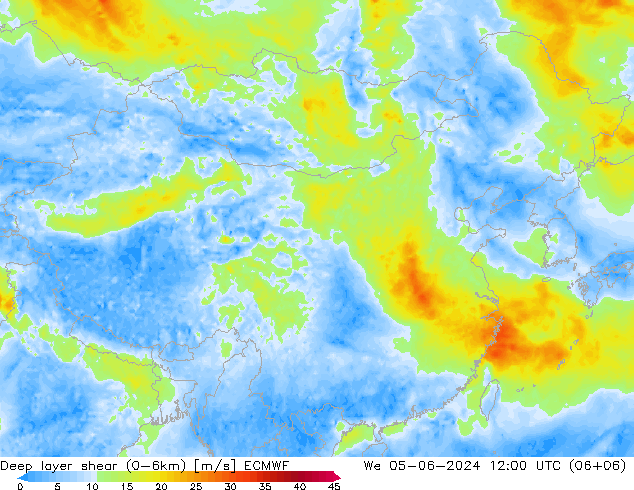 Deep layer shear (0-6km) ECMWF We 05.06.2024 12 UTC