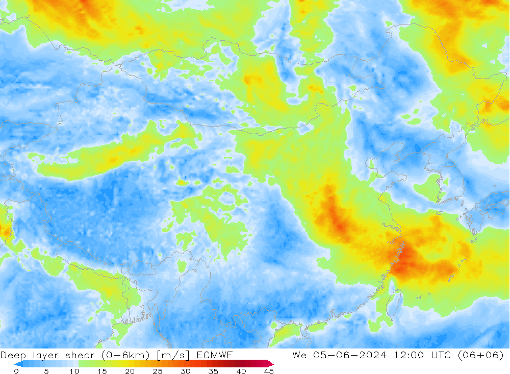 Deep layer shear (0-6km) ECMWF śro. 05.06.2024 12 UTC