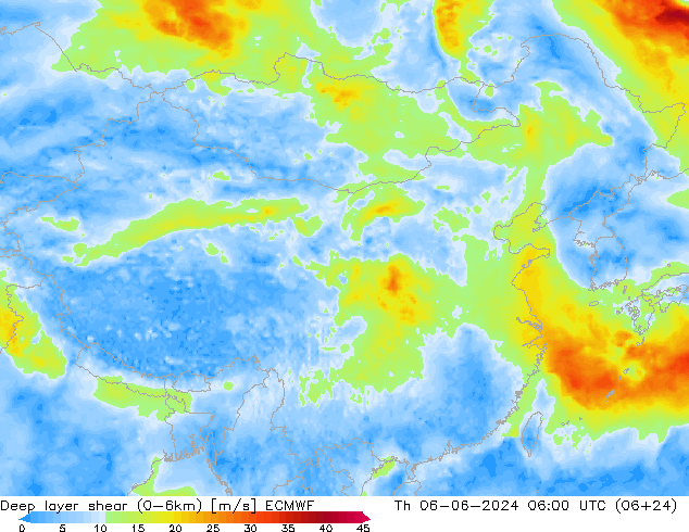 Deep layer shear (0-6km) ECMWF 星期四 06.06.2024 06 UTC