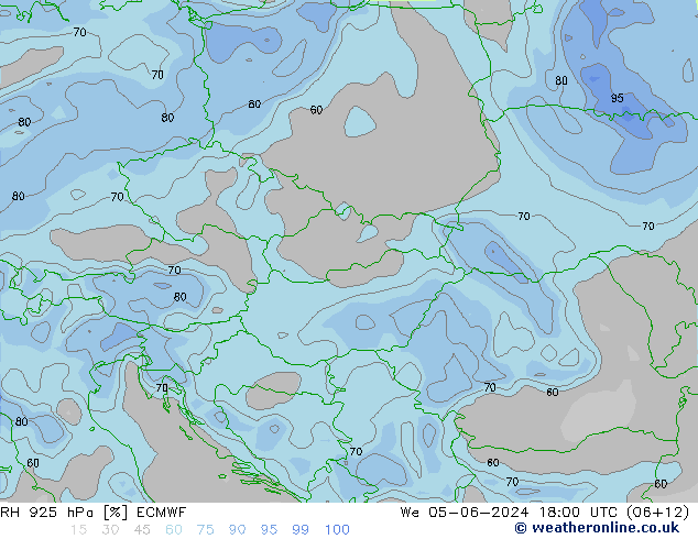 Humidité rel. 925 hPa ECMWF mer 05.06.2024 18 UTC