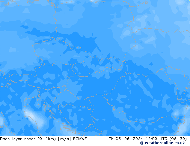 Deep layer shear (0-1km) ECMWF czw. 06.06.2024 12 UTC