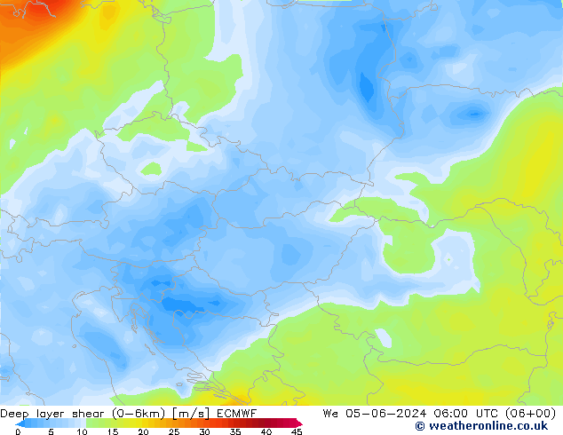 Deep layer shear (0-6km) ECMWF mer 05.06.2024 06 UTC