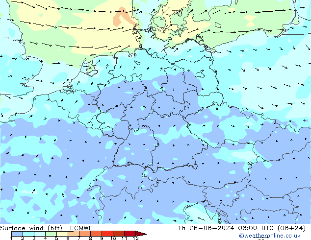 Surface wind (bft) ECMWF Th 06.06.2024 06 UTC