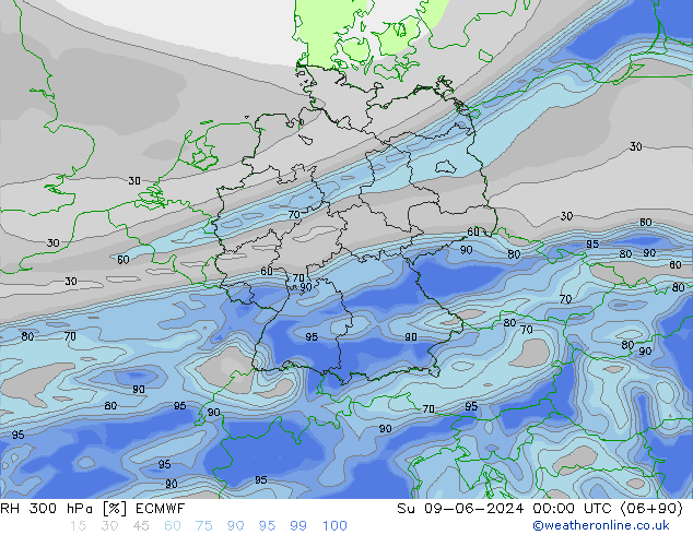 RH 300 hPa ECMWF Dom 09.06.2024 00 UTC