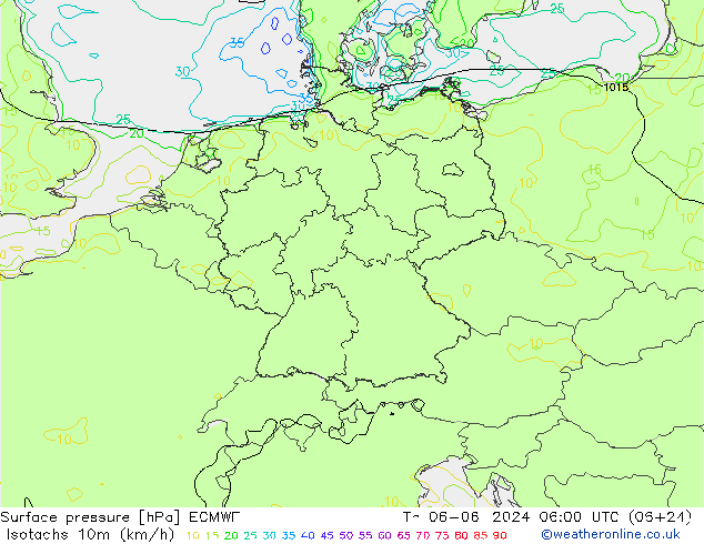 Isotachen (km/h) ECMWF Do 06.06.2024 06 UTC