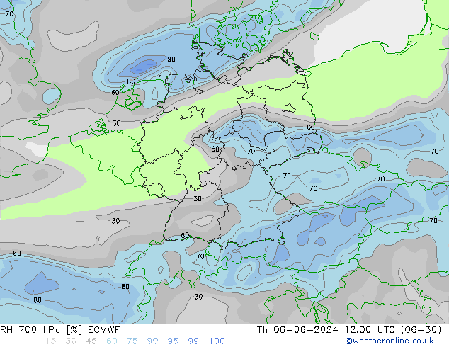 RH 700 hPa ECMWF Čt 06.06.2024 12 UTC