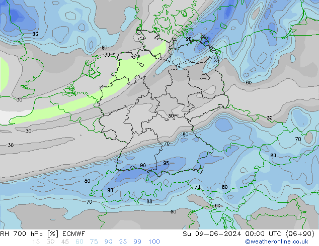 RH 700 hPa ECMWF Dom 09.06.2024 00 UTC