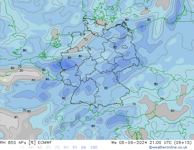 RH 850 hPa ECMWF Qua 05.06.2024 21 UTC