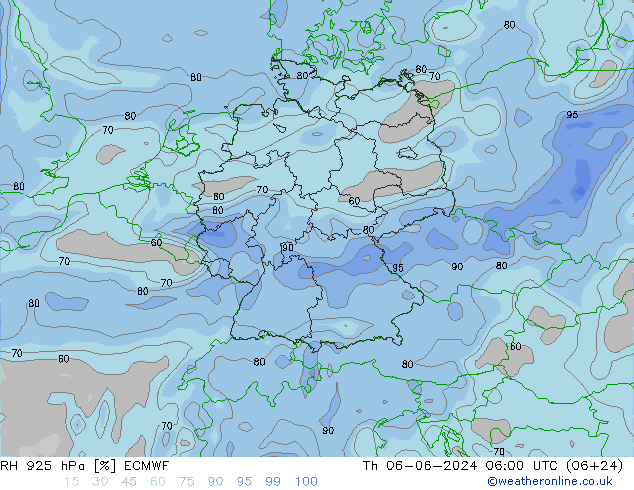 Humidité rel. 925 hPa ECMWF jeu 06.06.2024 06 UTC