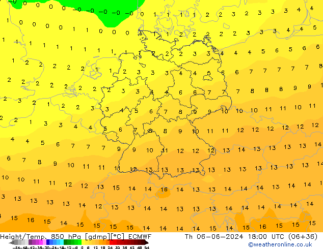 Height/Temp. 850 hPa ECMWF Th 06.06.2024 18 UTC