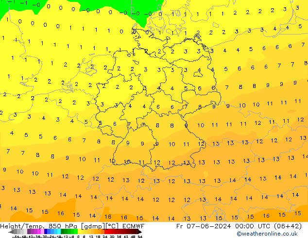 Height/Temp. 850 гПа ECMWF пт 07.06.2024 00 UTC