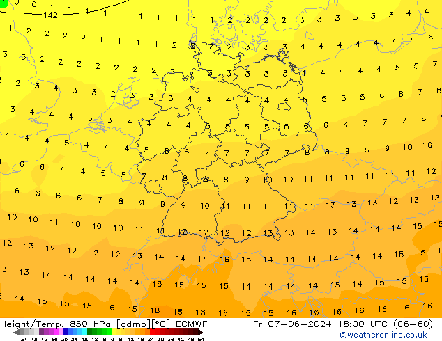 Height/Temp. 850 hPa ECMWF Pá 07.06.2024 18 UTC