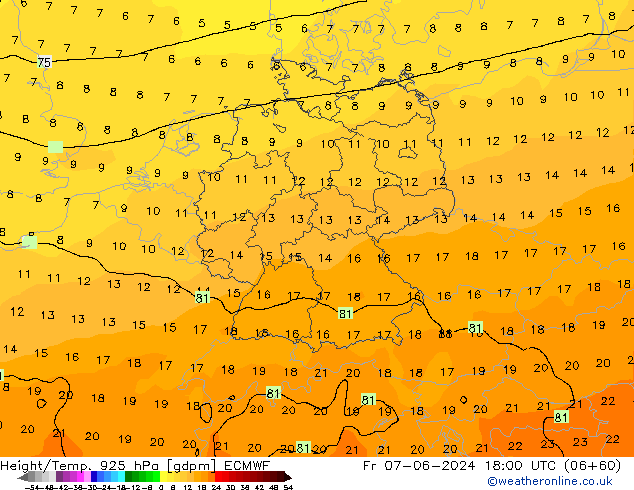 Hoogte/Temp. 925 hPa ECMWF vr 07.06.2024 18 UTC