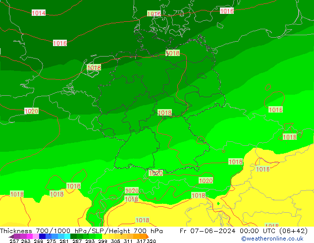 Espesor 700-1000 hPa ECMWF vie 07.06.2024 00 UTC