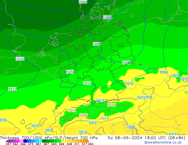 Thck 700-1000 гПа ECMWF сб 08.06.2024 18 UTC