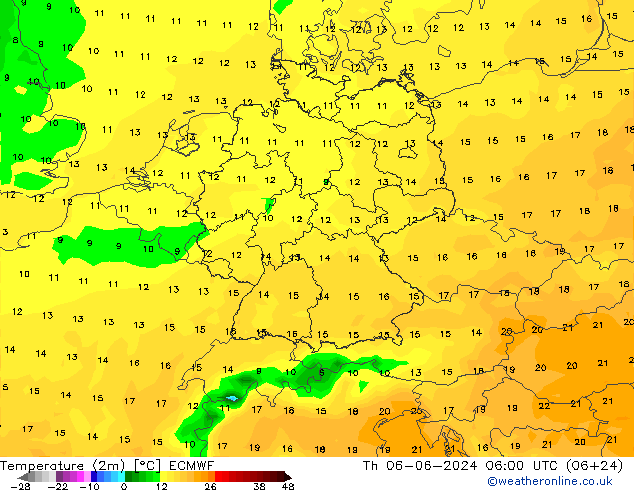 mapa temperatury (2m) ECMWF czw. 06.06.2024 06 UTC