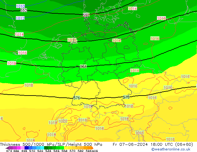 Espesor 500-1000 hPa ECMWF vie 07.06.2024 18 UTC