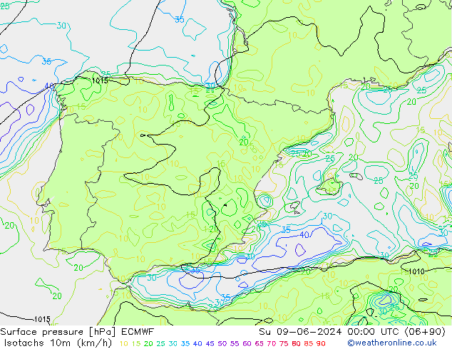 Isotachs (kph) ECMWF dom 09.06.2024 00 UTC