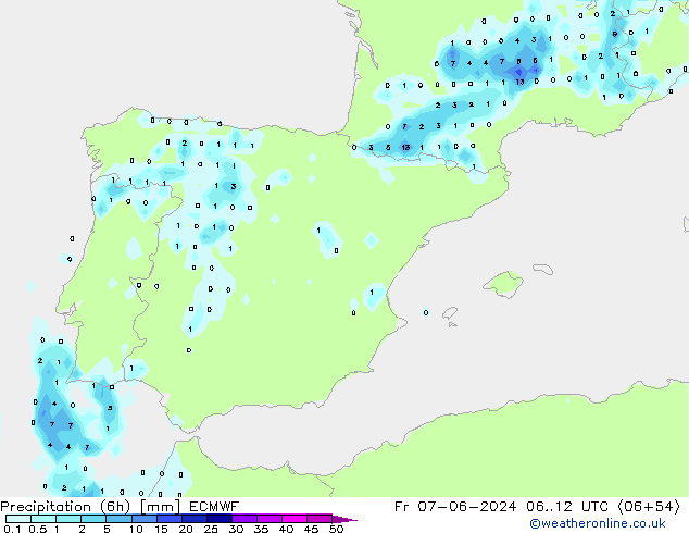 Precipitation (6h) ECMWF Fr 07.06.2024 12 UTC
