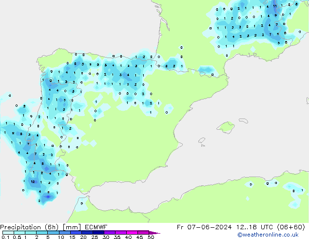 Precipitación (6h) ECMWF vie 07.06.2024 18 UTC