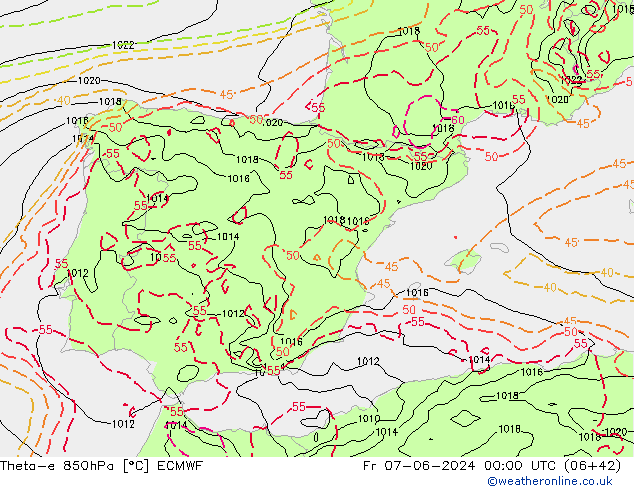 Theta-e 850hPa ECMWF Pá 07.06.2024 00 UTC