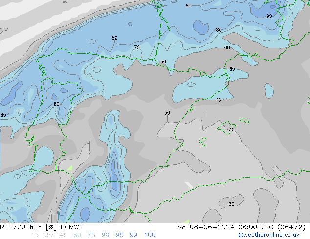 Humedad rel. 700hPa ECMWF sáb 08.06.2024 06 UTC