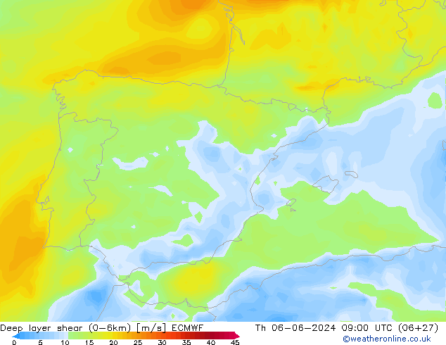 Deep layer shear (0-6km) ECMWF Per 06.06.2024 09 UTC