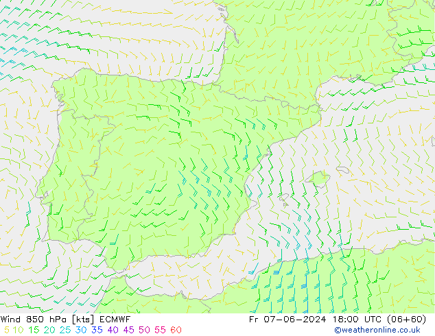 Vento 850 hPa ECMWF ven 07.06.2024 18 UTC