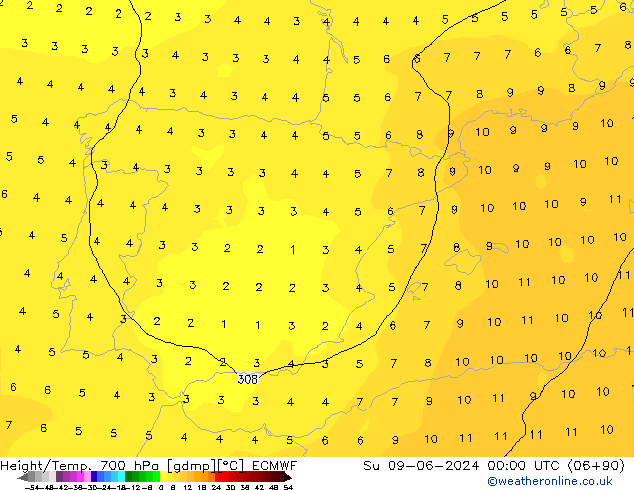 Height/Temp. 700 hPa ECMWF  09.06.2024 00 UTC