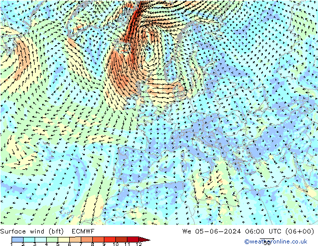 Vento 10 m (bft) ECMWF Qua 05.06.2024 06 UTC