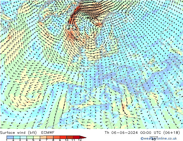 Vento 10 m (bft) ECMWF gio 06.06.2024 00 UTC