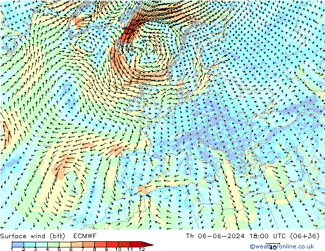 Surface wind (bft) ECMWF Th 06.06.2024 18 UTC