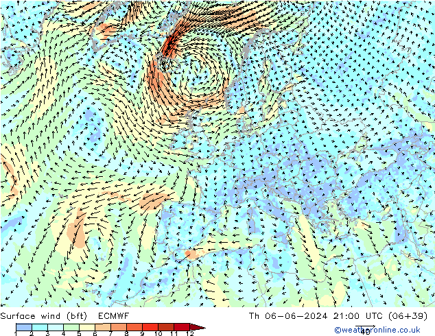 Surface wind (bft) ECMWF Th 06.06.2024 21 UTC