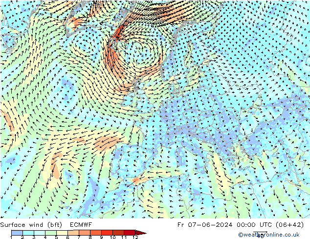 Wind 10 m (bft) ECMWF vr 07.06.2024 00 UTC