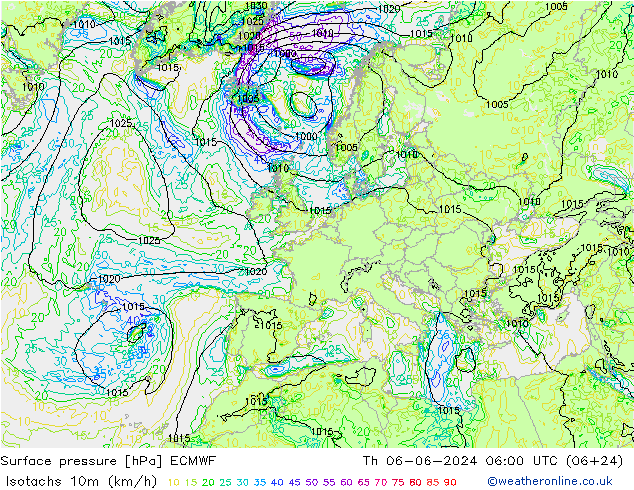 Isotaca (kph) ECMWF jue 06.06.2024 06 UTC