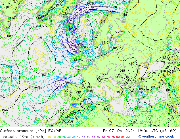 Isotachs (kph) ECMWF Fr 07.06.2024 18 UTC