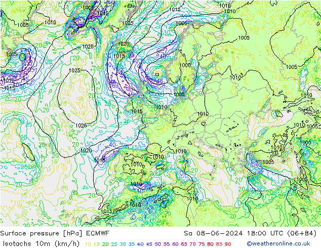 Isotachen (km/h) ECMWF za 08.06.2024 18 UTC