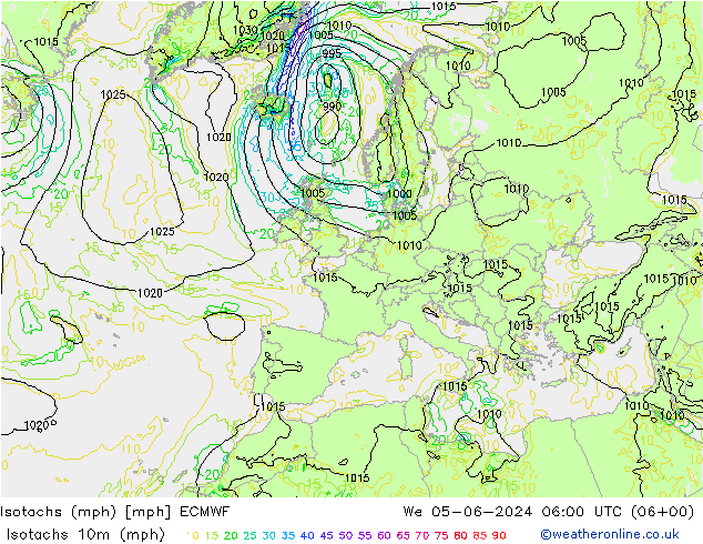 Isotachs (mph) ECMWF 星期三 05.06.2024 06 UTC